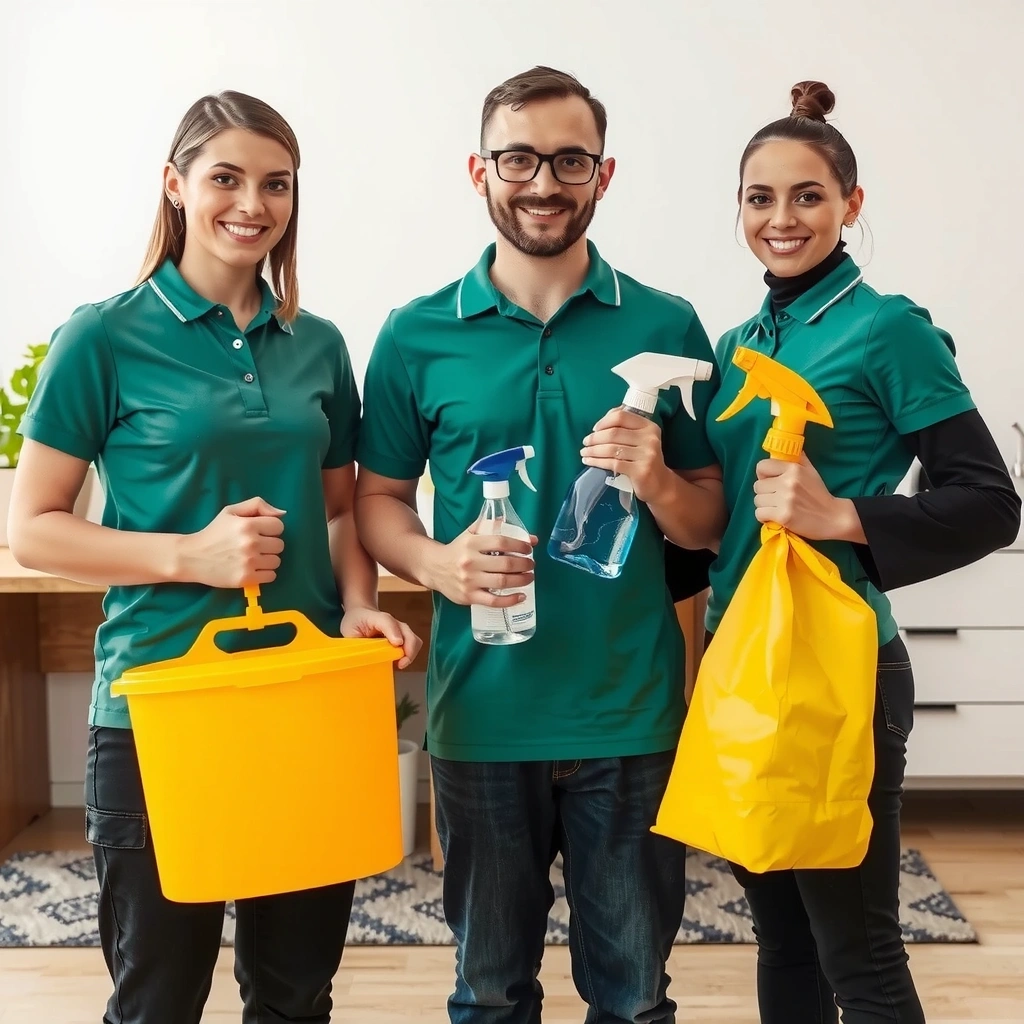 Professional cleaning team in uniform with eco-friendly cleaning equipment in Ostrava home