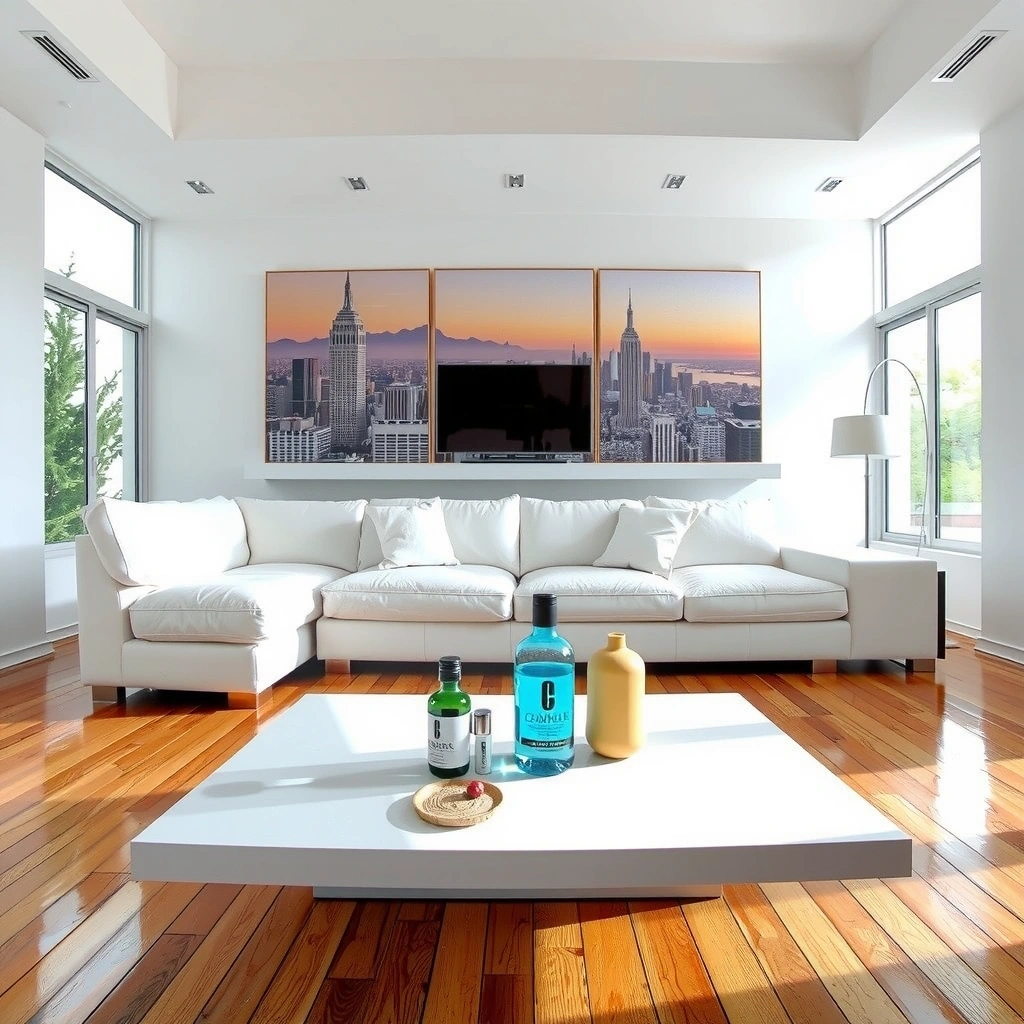 Sparkling clean modern living room with white furniture and bright natural lighting